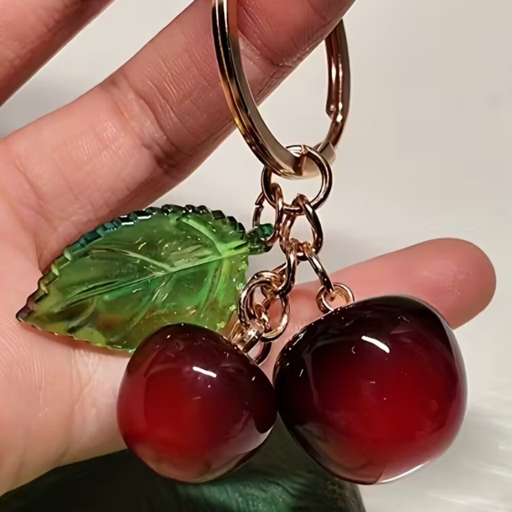 Keychain Glossy Red Cherry & Green Leaf Charms Golden Backpack Wallet Handbag - Picture 3 of 5